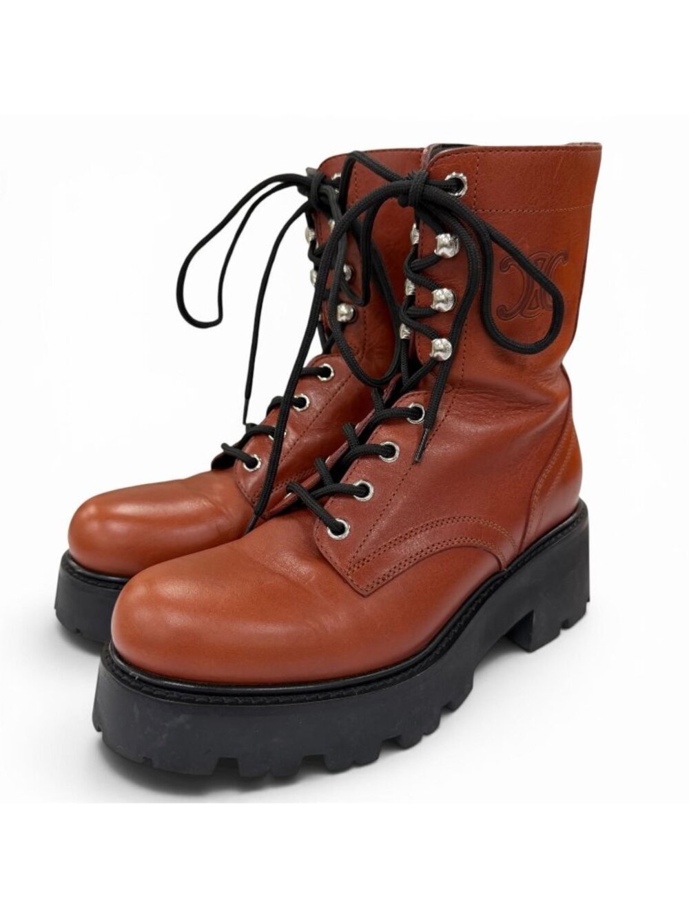 Celine Triomphe Rangers Mid Leather Lace Up Boots Short Brown